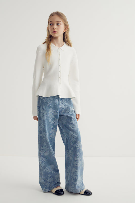 FLORAL-MOTIF WIDE LEG JEANS - LIMÉ