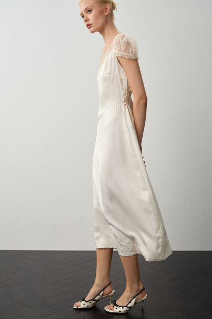 LACE-TRIMMED SATIN DRESS